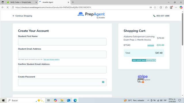 AceableAgent checkout page showing AceableAgent discount code box | Screenshot taken by SimplyCodes community member on Aug 23, 2025