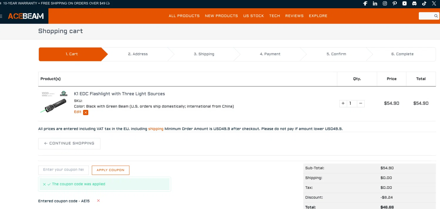 Acebeam promo code screenshot showing code LMX10 applied at Acebeam checkout page. Uploaded by SimplyCodes community member ELOIN777 on Apr 7, 2026