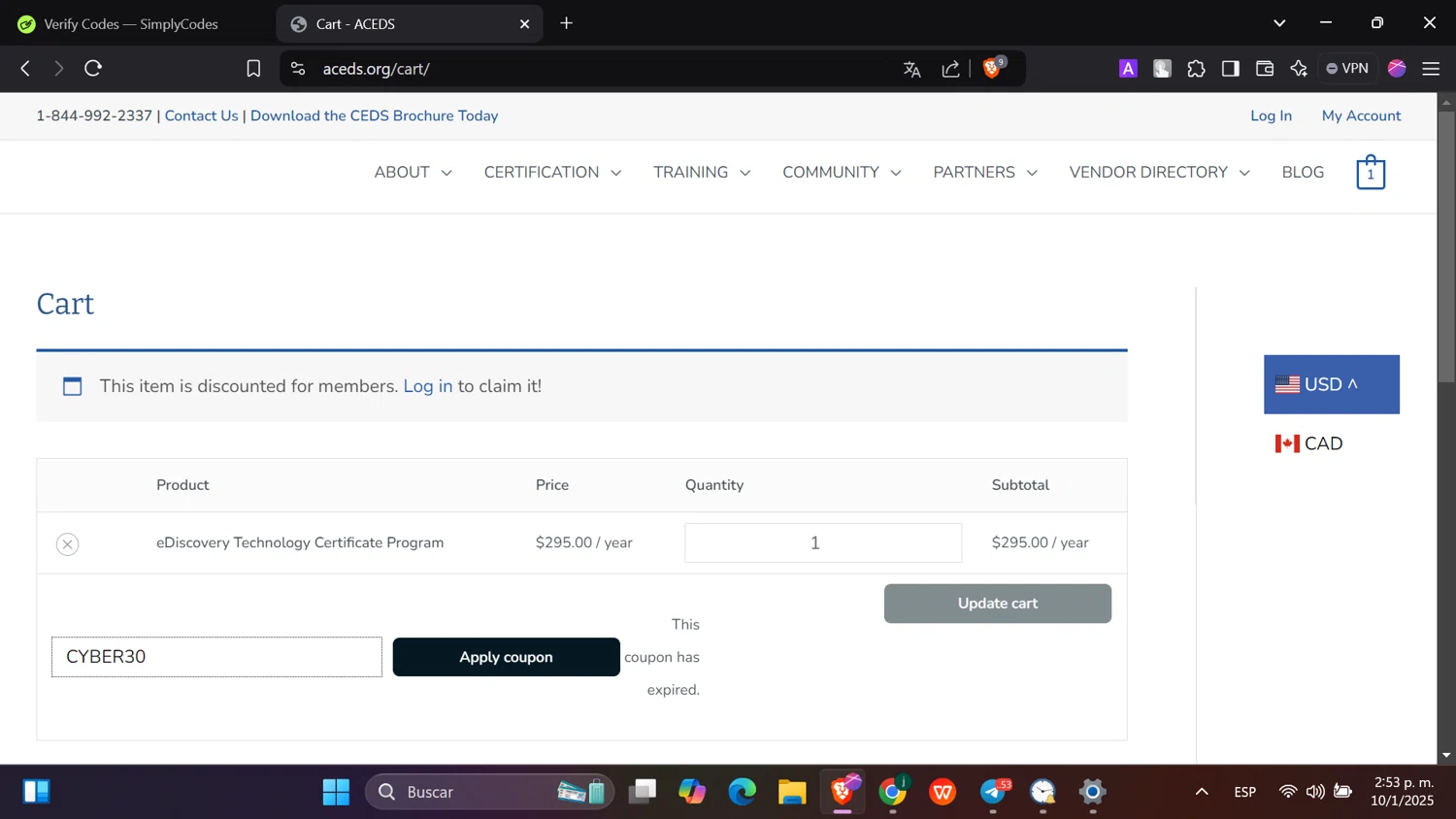 ACEDS checkout page showing ACEDS promo code box | Screenshot taken by SimplyCodes community member on Jan 10, 2025