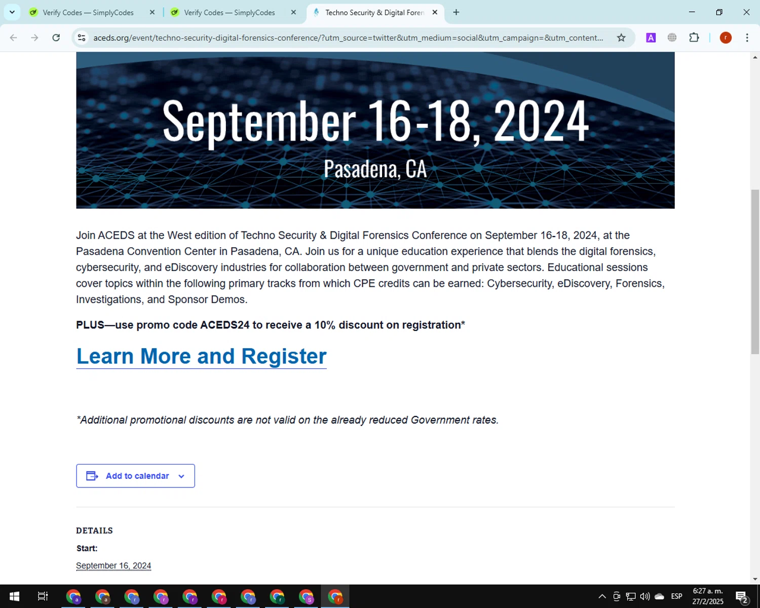 ACEDS promo code screenshot showing code ACEDS24 applied at ACEDS checkout page. Uploaded by SimplyCodes community member PrimeGuardian7348 on Feb 27, 2025