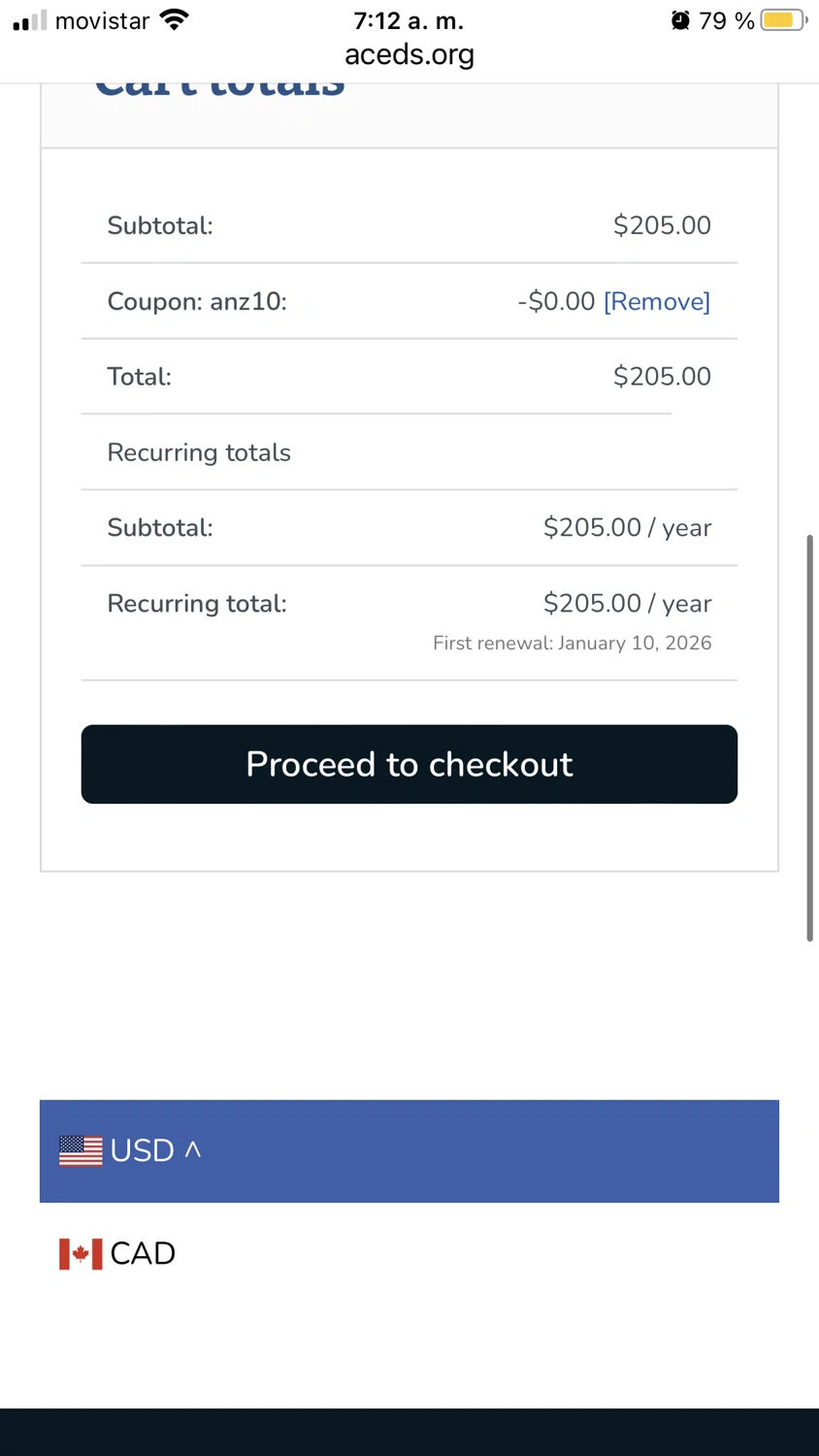 ACEDS promo code screenshot showing code ANZ10 applied at ACEDS checkout page. Uploaded by SimplyCodes community member ABHF23 on Jan 10, 2025