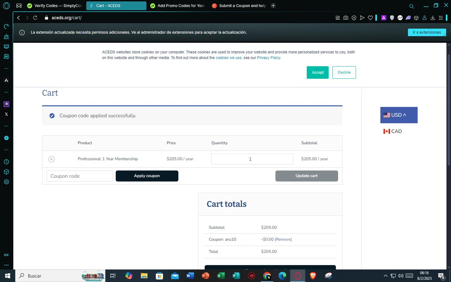 ACEDS promo code screenshot showing code ANZ10 applied at ACEDS checkout page. Uploaded by SimplyCodes community member TheJyzu on Feb 8, 2025