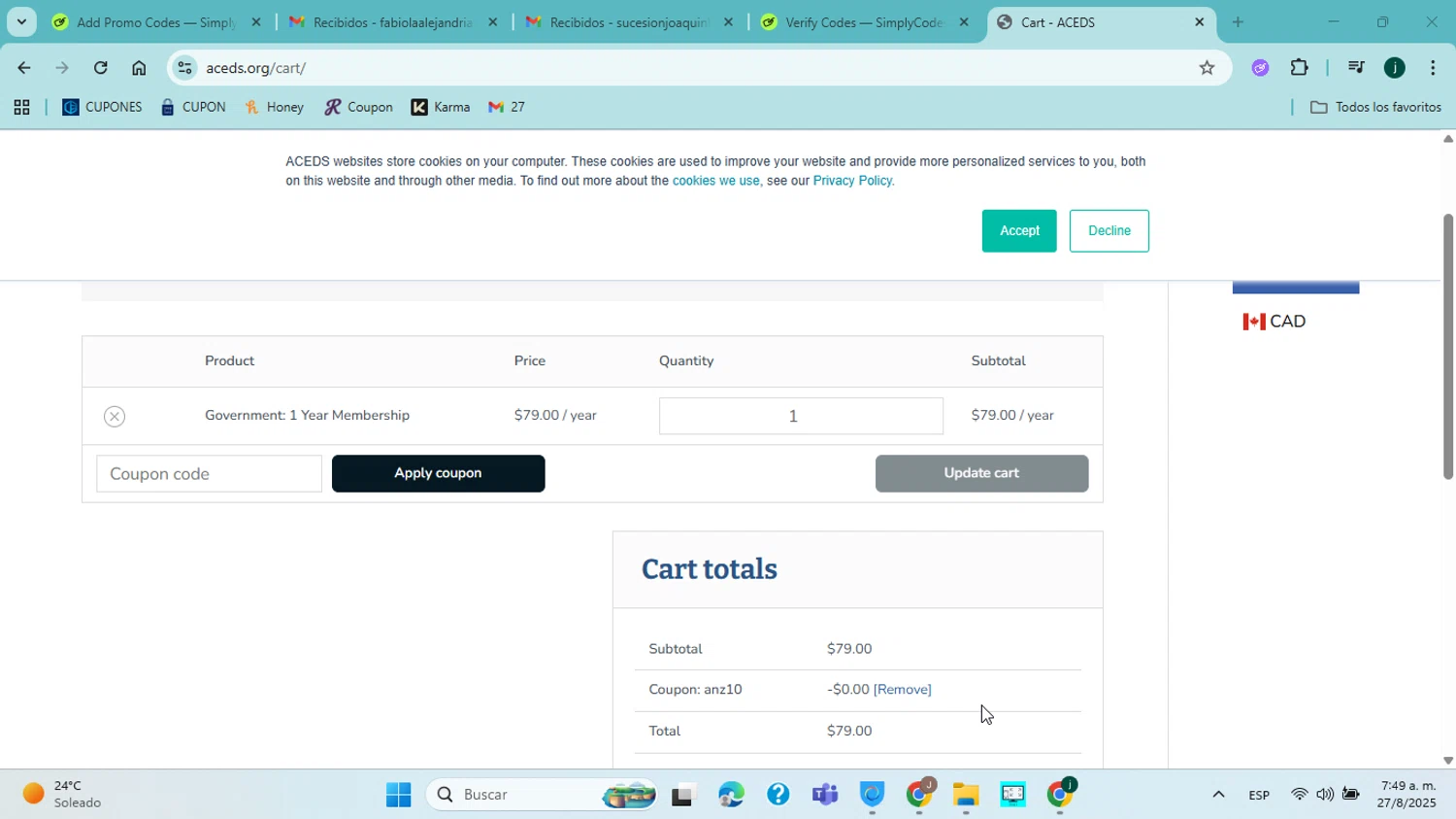 ACEDS promo code screenshot showing code ANZ10 applied at ACEDS checkout page. Uploaded by SimplyCodes community member jorgejavierherrera on Aug 27, 2025