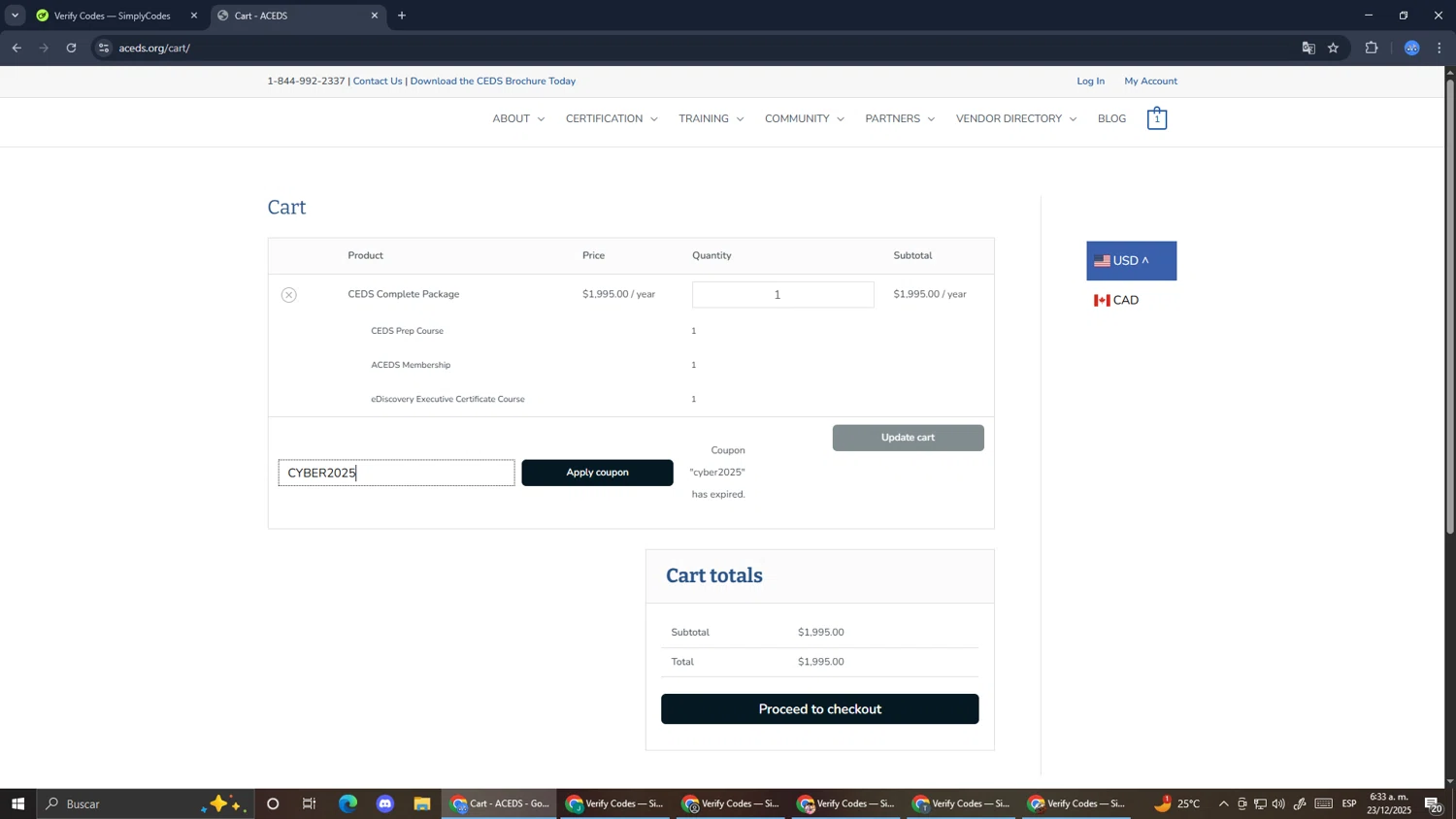 ACEDS promo code screenshot showing code CYBER2025 applied at ACEDS checkout page. Uploaded by SimplyCodes community member RoyalExpert3857 on Dec 23, 2025