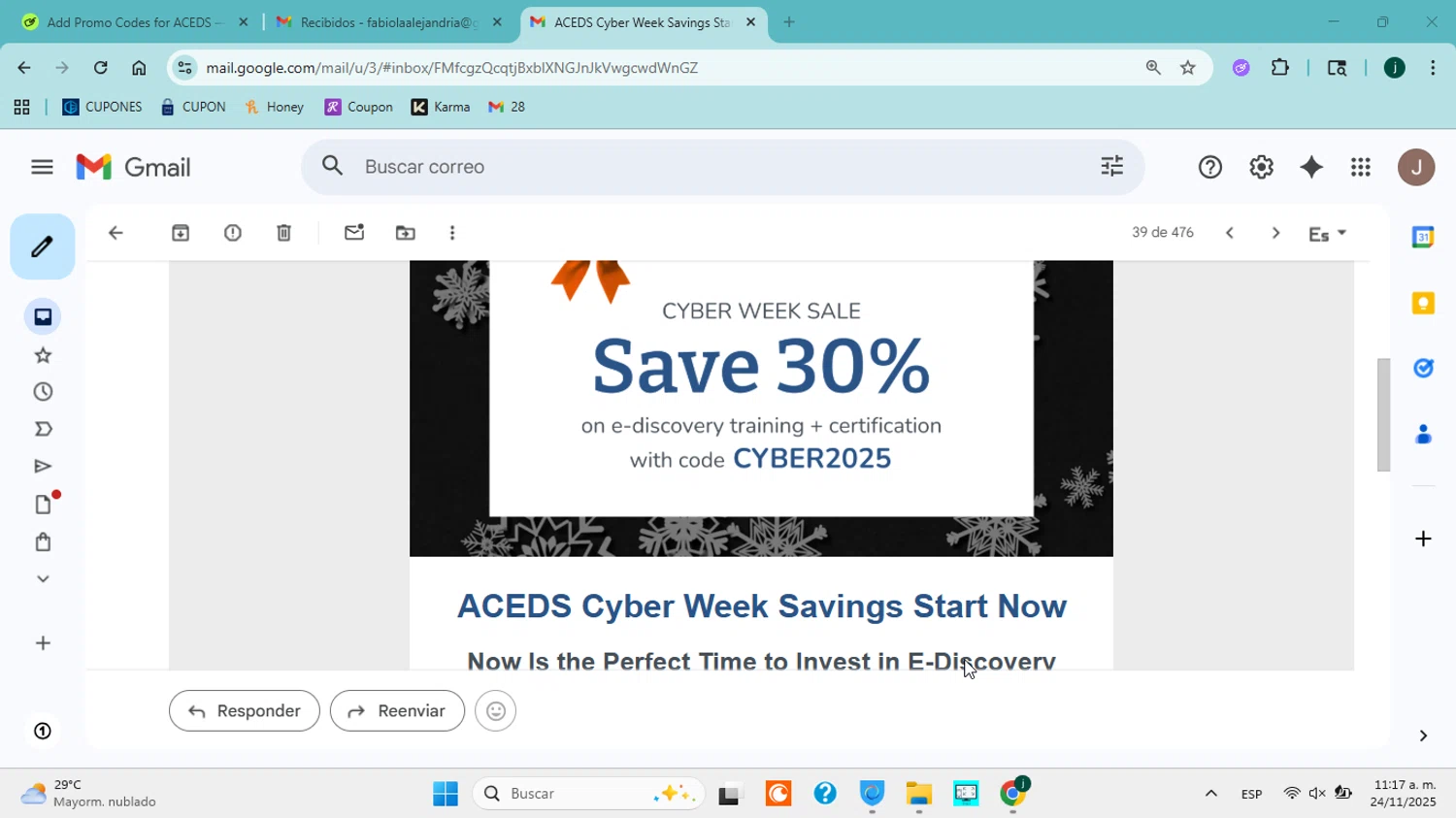 ACEDS promo code screenshot showing code CYBER2025 applied at ACEDS checkout page. Uploaded by SimplyCodes community member jorgejavierherrera on Nov 24, 2025
