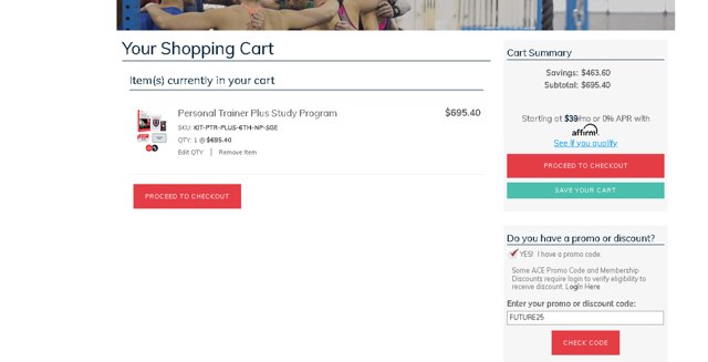 ACE Fitness checkout page showing ACE Fitness promo code box | Screenshot taken by SimplyCodes community member on Aug 25, 2025