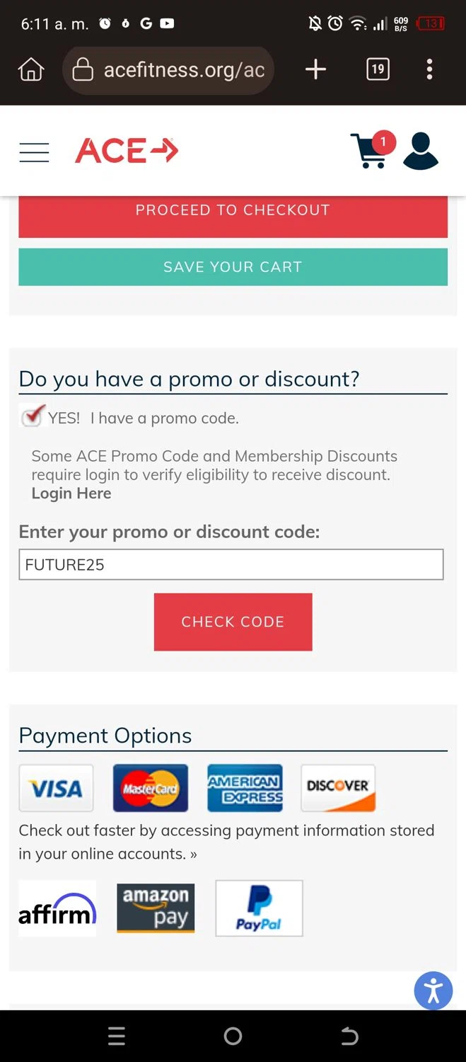 where to use ACE Fitness promo code box