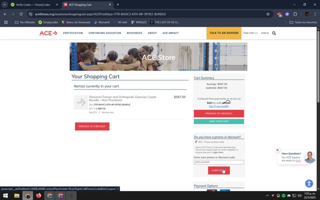 ACE Fitness checkout page showing ACE Fitness promo code box | Screenshot taken by SimplyCodes community member on May 22, 2025