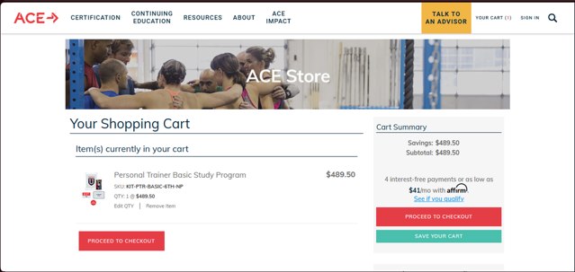 ACE Fitness checkout page showing ACE Fitness promo code box | Screenshot taken by SimplyCodes community member on Jun 26, 2025