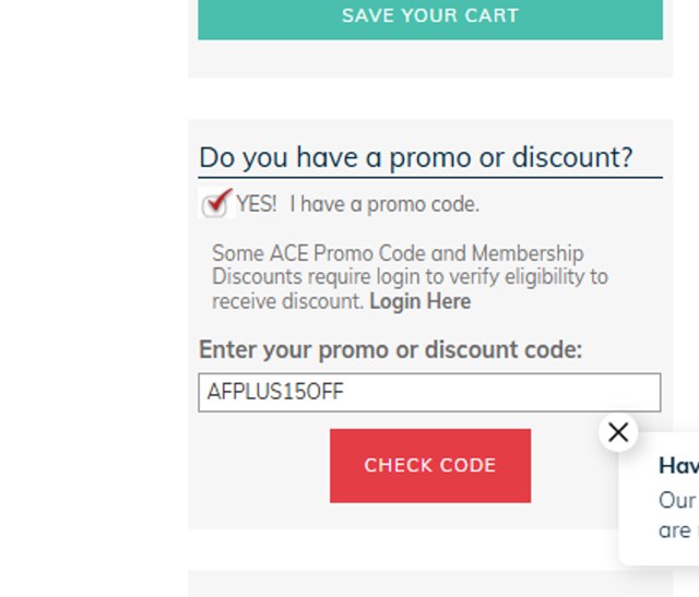 ACE Fitness checkout page showing ACE Fitness promo code box | Screenshot taken by SimplyCodes community member on May 8, 2025