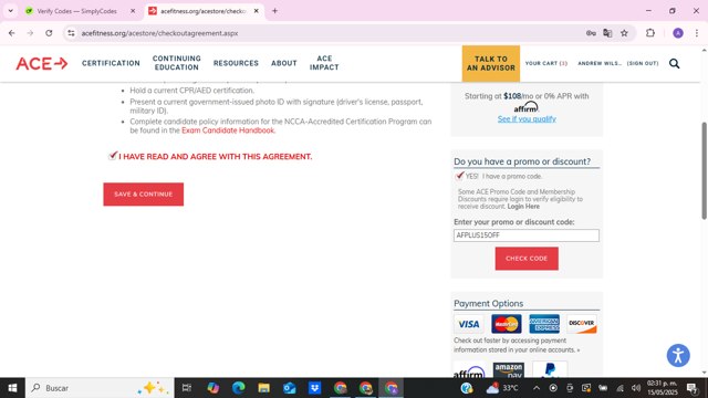 ACE Fitness checkout page showing ACE Fitness promo code box | Screenshot taken by SimplyCodes community member on May 15, 2025