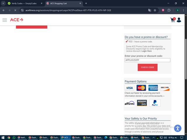 ACE Fitness checkout page showing ACE Fitness promo code box | Screenshot taken by SimplyCodes community member on Jun 19, 2025