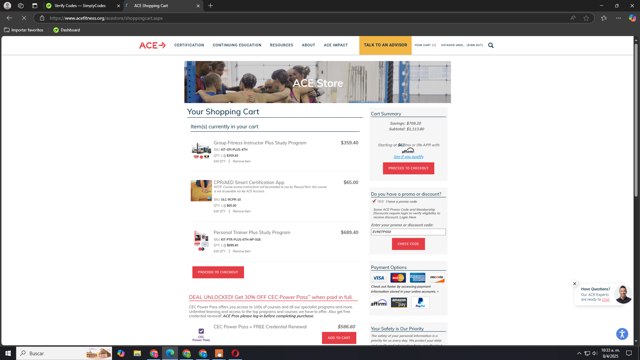 ACE Fitness checkout page showing ACE Fitness promo code box | Screenshot taken by SimplyCodes community member on Apr 8, 2025