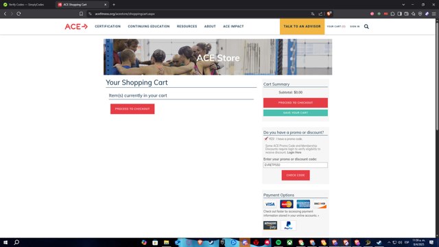ACE Fitness checkout page showing ACE Fitness promo code box | Screenshot taken by SimplyCodes community member on Apr 8, 2025