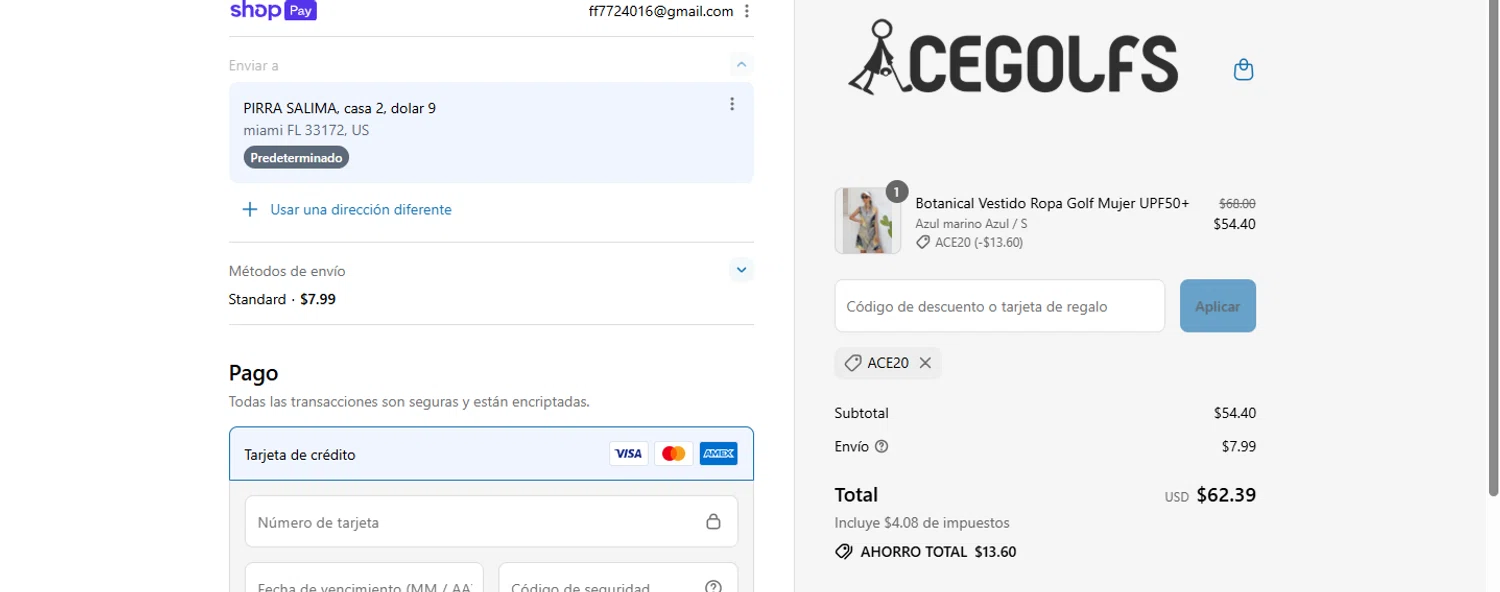 Acegolfs coupon code screenshot showing code ACE20 applied at Acegolfs checkout page. Uploaded by SimplyCodes community member Fish3r on Aug 3, 2025