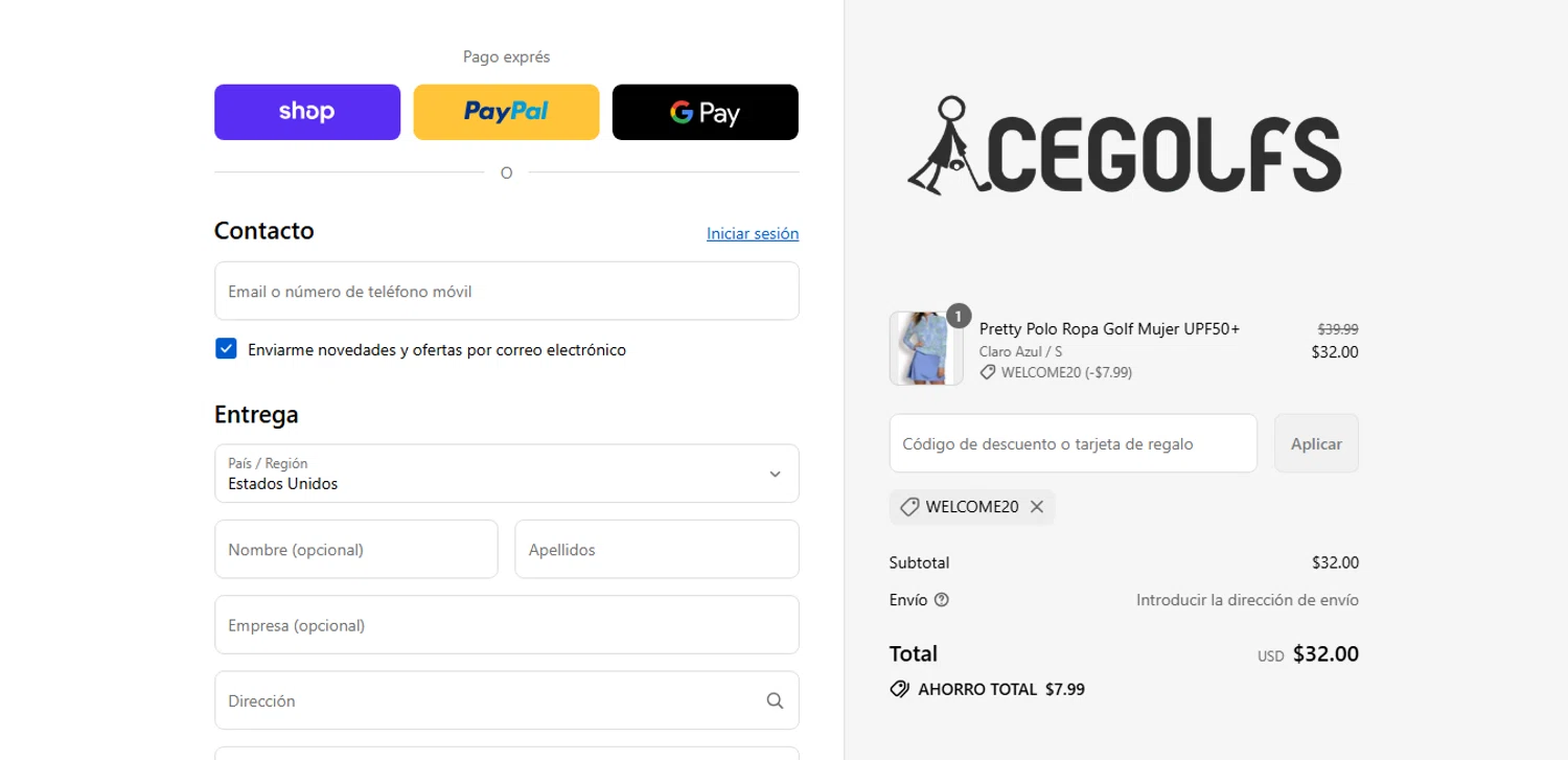 Acegolfs coupon code screenshot showing code Welcome20 applied at Acegolfs checkout page. Uploaded by SimplyCodes community member xHRxUltrax on Aug 29, 2025