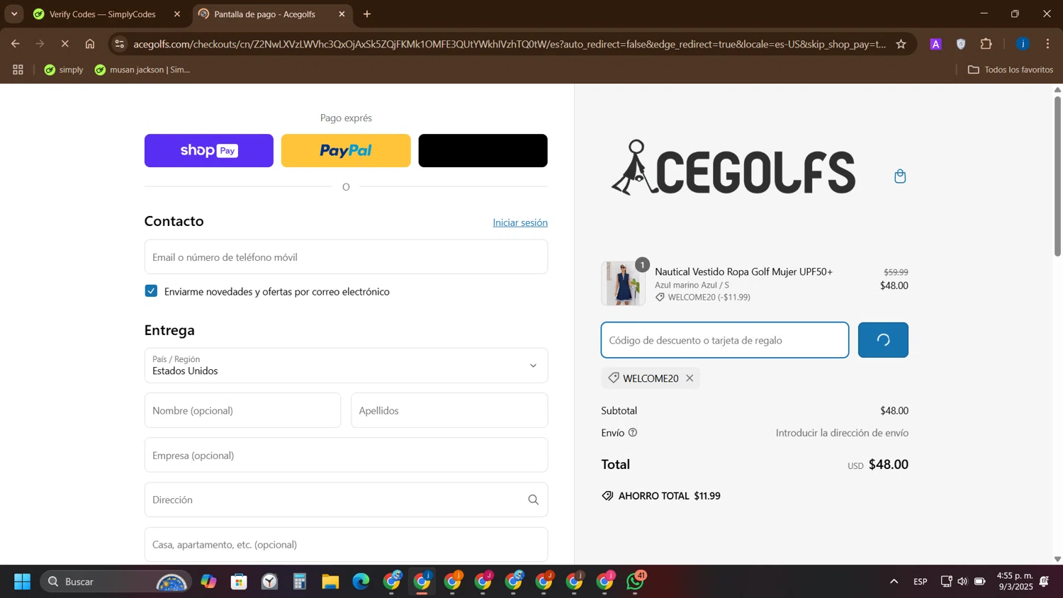 Acegolfs coupon code screenshot showing code Welcome20 applied at Acegolfs checkout page. Uploaded by SimplyCodes community member yameteqdasai on Mar 9, 2025