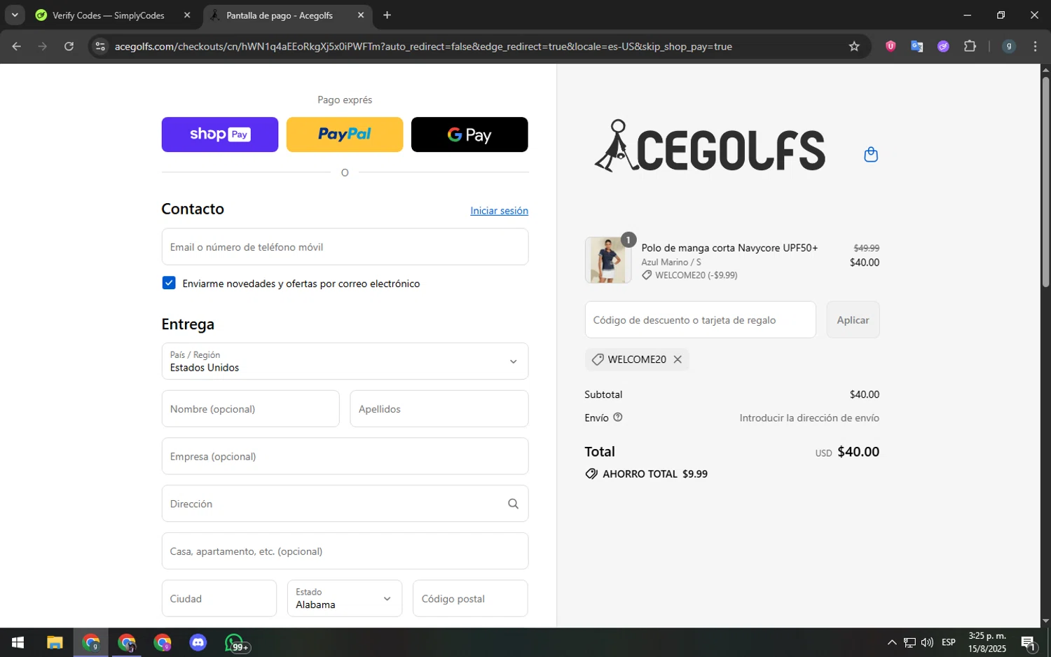 Acegolfs coupon code screenshot showing code Welcome20 applied at Acegolfs checkout page. Uploaded by SimplyCodes community member youngchecker2 on Aug 15, 2025