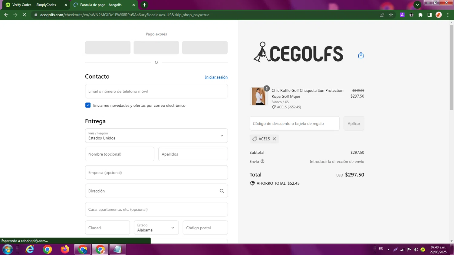 Acegolfs coupon code screenshot showing code ace15 applied at Acegolfs checkout page. Uploaded by SimplyCodes community member LegendaryBoss7060 on Aug 29, 2025