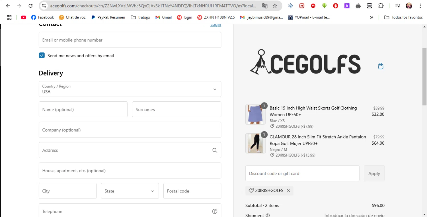 Acegolfs coupon code screenshot showing code 20IRISHGOLFS applied at Acegolfs checkout page. Uploaded by SimplyCodes community member luislopez669902715 on Feb 23, 2025