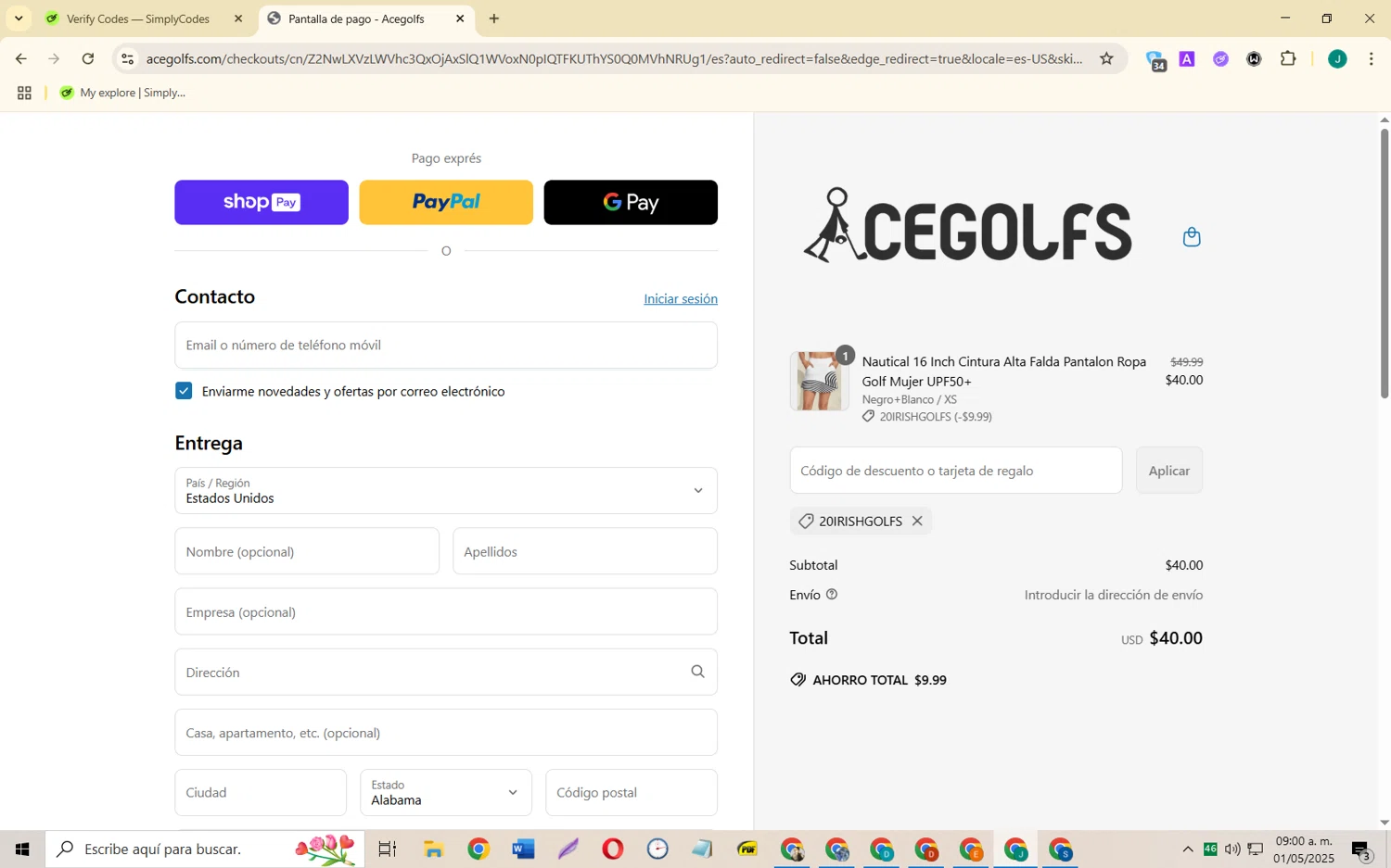 Acegolfs coupon code screenshot showing code 20IRISHGOLFS applied at Acegolfs checkout page. Uploaded by SimplyCodes community member SarayH on May 1, 2025