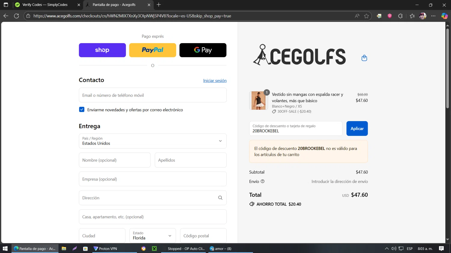 Acegolfs coupon code screenshot showing code 20BROOKEBEL applied at Acegolfs checkout page. Uploaded by SimplyCodes community member belindaflores on Aug 29, 2025