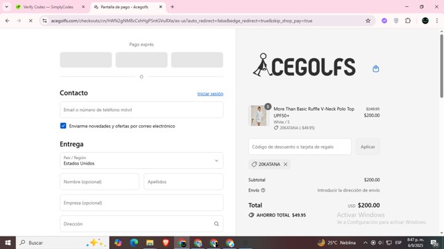 Acegolfs checkout page showing Acegolfs coupon code box | Screenshot taken by SimplyCodes community member on Sep 7, 2025