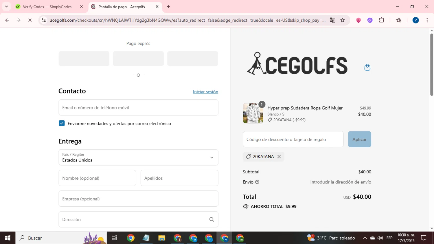 Acegolfs coupon code screenshot showing code 20katana applied at Acegolfs checkout page. Uploaded by SimplyCodes community member CrownTitan5376 on Jul 17, 2025