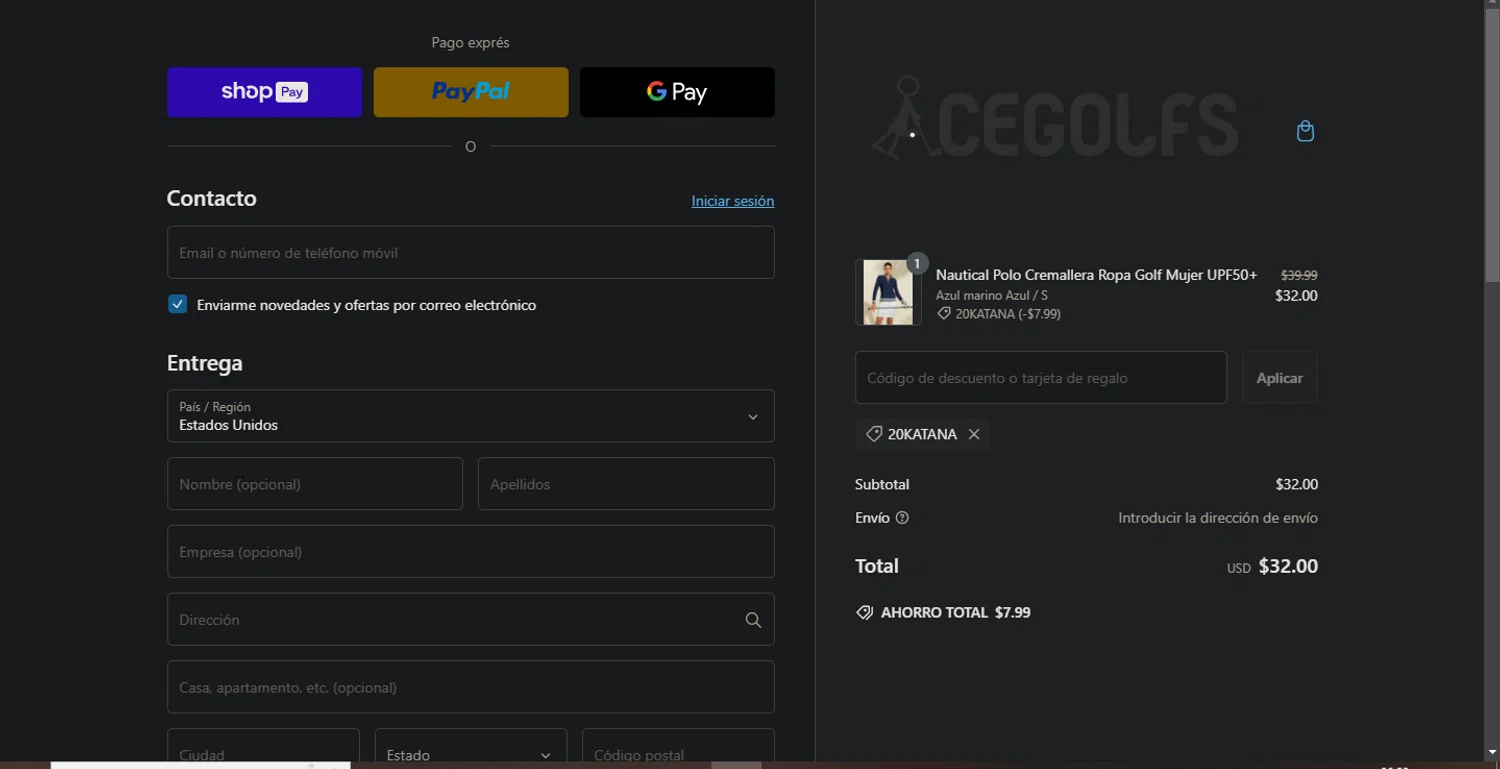 Acegolfs coupon code screenshot showing code 20katana applied at Acegolfs checkout page. Uploaded by SimplyCodes community member Pollofrito on Feb 20, 2025