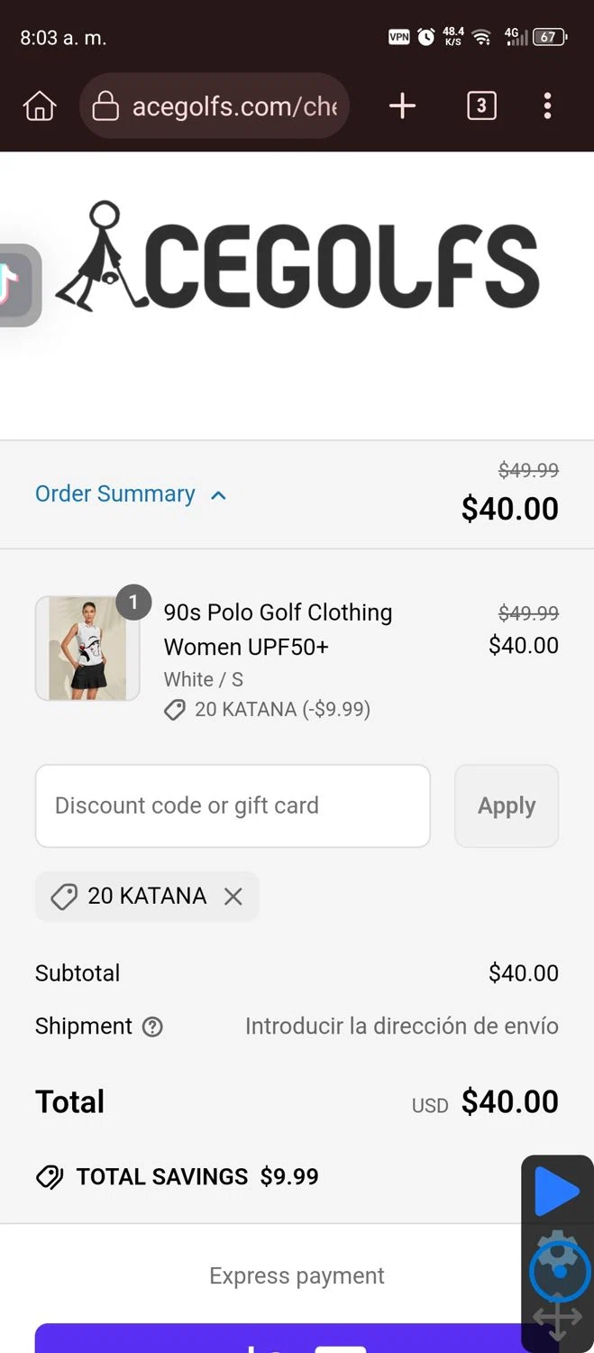 Acegolfs coupon code screenshot showing code 20katana applied at Acegolfs checkout page. Uploaded by SimplyCodes community member GumballWatterson on May 11, 2025