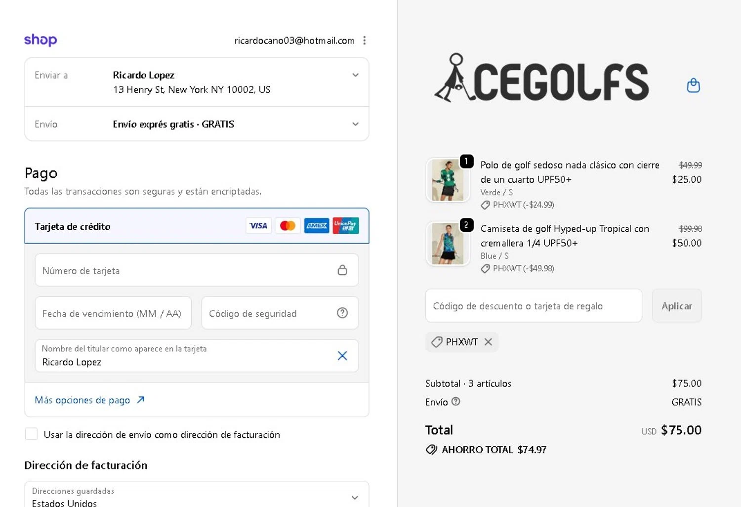 Acegolfs promo code screenshot showing code PHXWT applied at Acegolfs checkout page. Uploaded by SimplyCodes community member LAMINEJAMAL on Jun 15, 2026