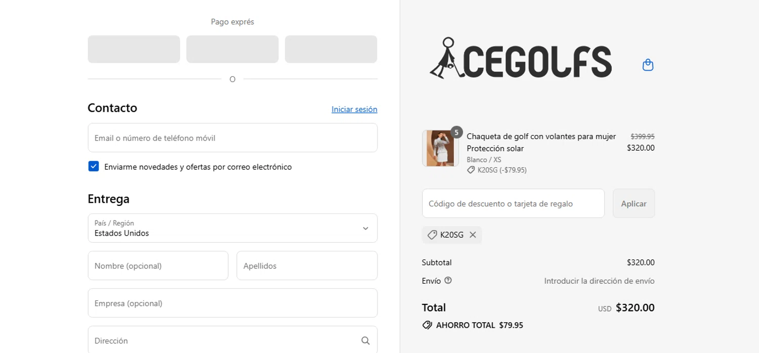 Acegolfs coupon code screenshot showing code K20SG applied at Acegolfs checkout page. Uploaded by SimplyCodes community member shark12 on Aug 16, 2025