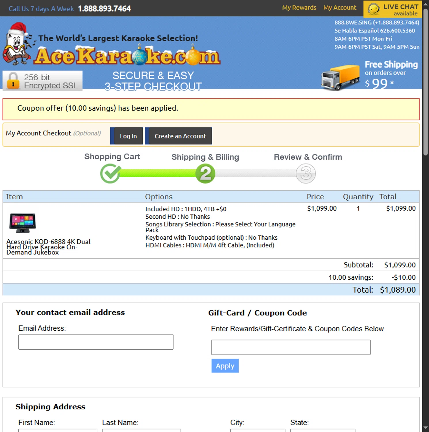 Ace Karaoke coupon code screenshot showing code save10ace applied at Ace Karaoke checkout page. Uploaded by SimplyCodes community member BeaMartinez on Jun 17, 2025