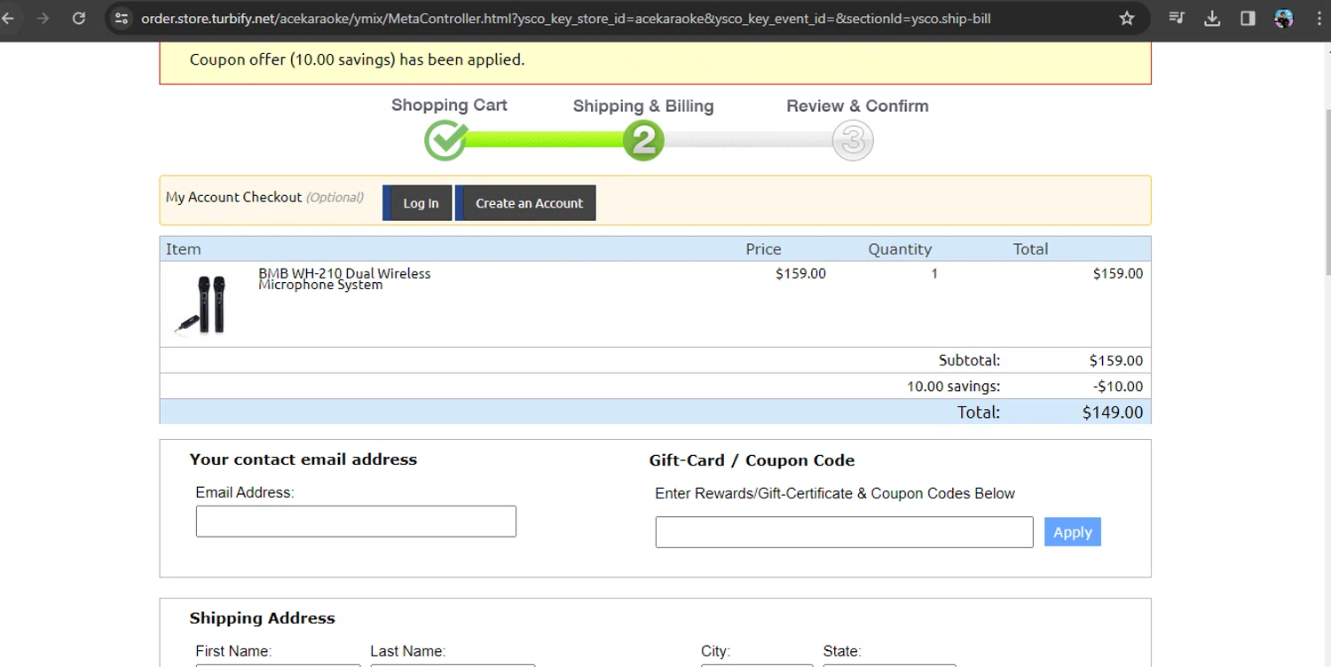 Ace Karaoke checkout page showing Ace Karaoke coupon code box | Screenshot taken by SimplyCodes community member on Dec 23, 2023