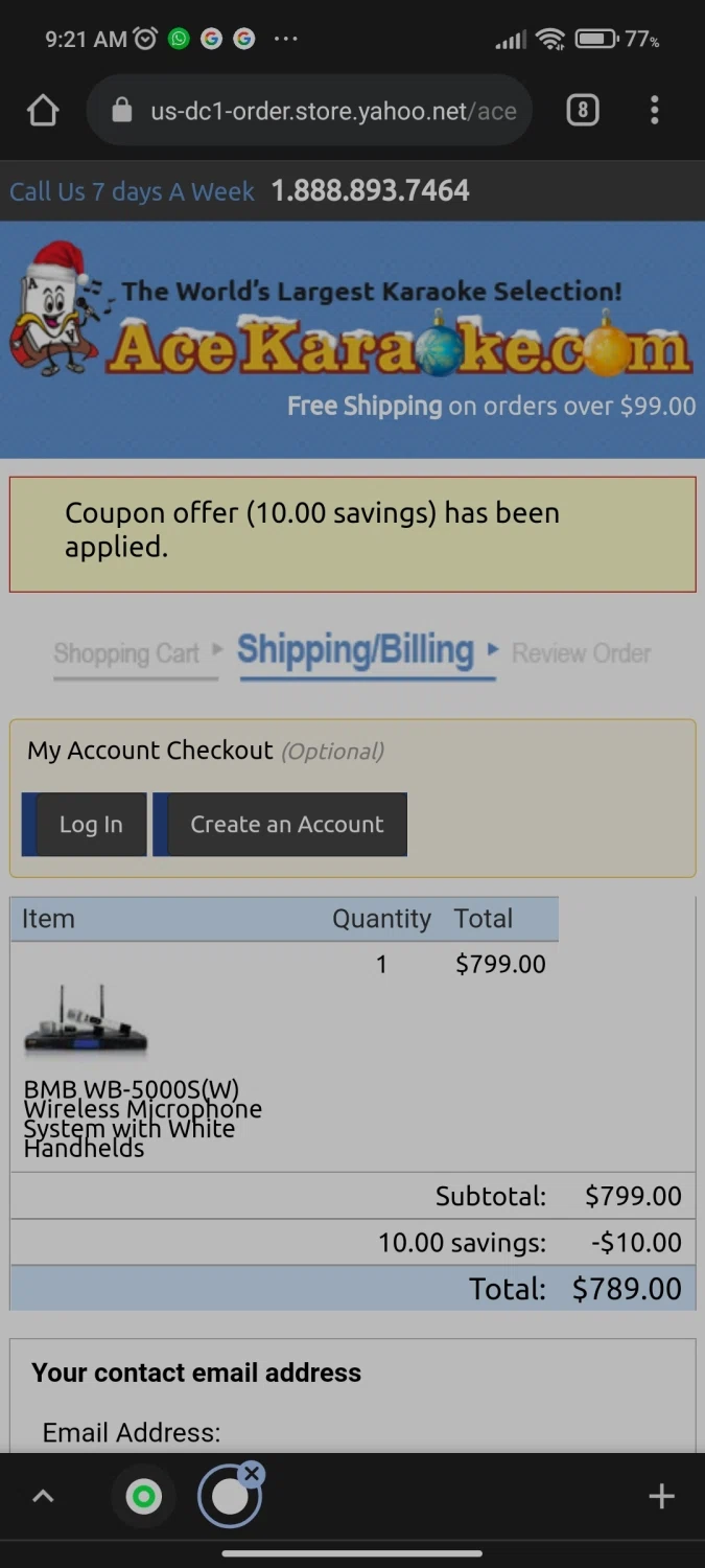 Ace Karaoke checkout page showing Ace Karaoke coupon code box | Screenshot taken by SimplyCodes community member on Sep 26, 2021