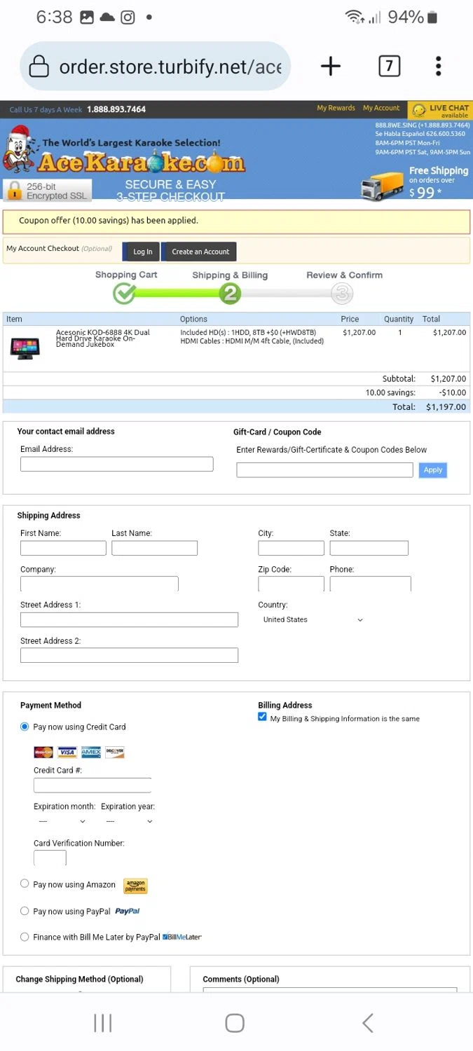 Ace Karaoke coupon code screenshot showing code save10ace applied at Ace Karaoke checkout page. Uploaded by SimplyCodes community member ScanMaverick9378 on Jan 3, 2026
