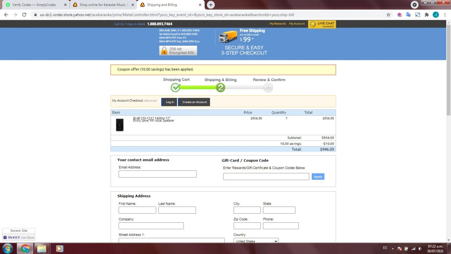Ace Karaoke checkout page showing Ace Karaoke coupon code box | Screenshot taken by SimplyCodes community member on Jul 30, 2021