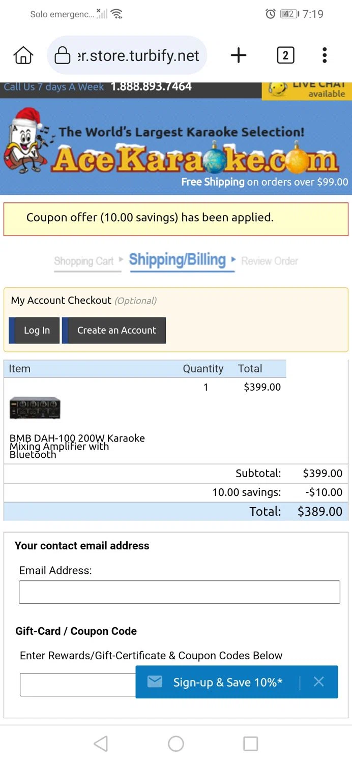Ace Karaoke checkout page showing Ace Karaoke coupon code box | Screenshot taken by SimplyCodes community member on Jul 10, 2024