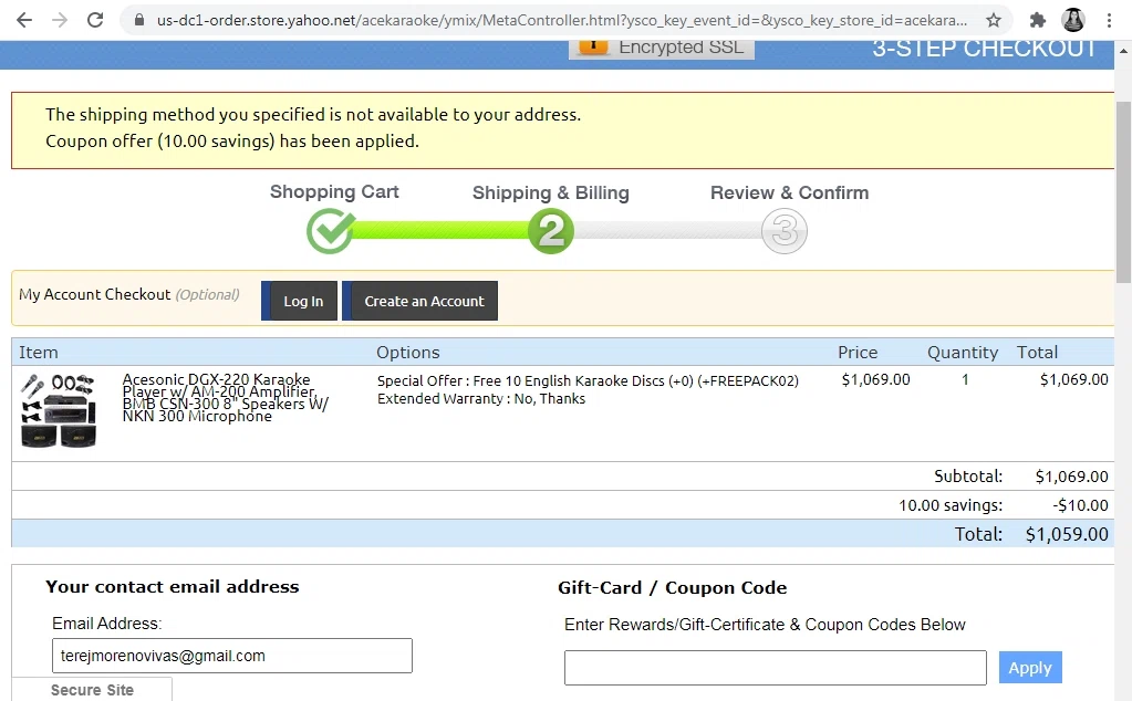 Ace Karaoke checkout page showing Ace Karaoke coupon code box | Screenshot taken by SimplyCodes community member on May 8, 2021
