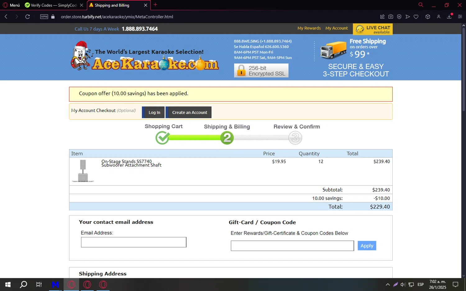 Ace Karaoke coupon code screenshot showing code save10ace applied at Ace Karaoke checkout page. Uploaded by SimplyCodes community member xxxxx1 on Jan 26, 2025