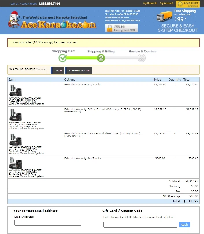 Ace Karaoke checkout page showing Ace Karaoke coupon code box | Screenshot taken by SimplyCodes community member on Jun 28, 2021