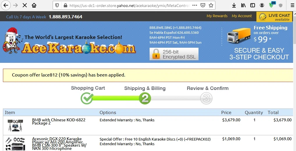 Ace Karaoke checkout page showing Ace Karaoke coupon code box | Screenshot taken by SimplyCodes community member on Apr 27, 2021