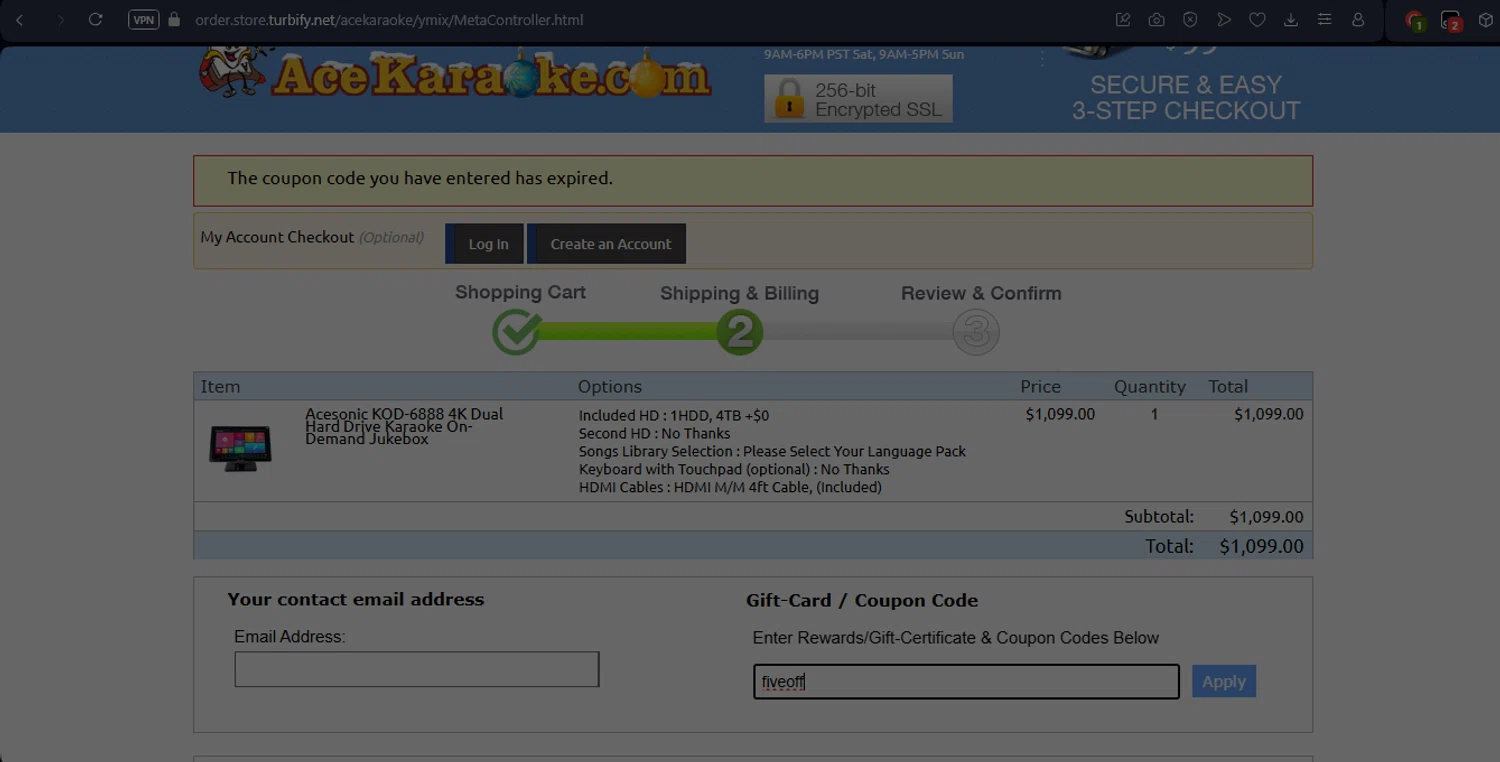 Ace Karaoke coupon code screenshot showing code fiveoff applied at Ace Karaoke checkout page. Uploaded by SimplyCodes community member LukaModric on Jun 9, 2025