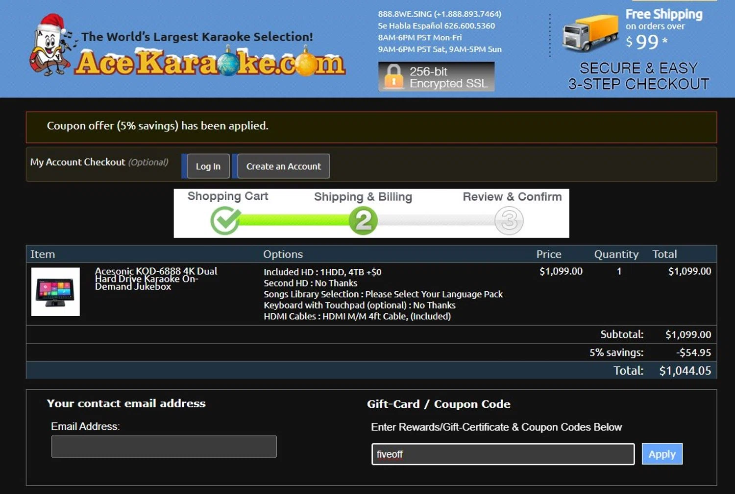 Ace Karaoke coupon code screenshot showing code fiveoff applied at Ace Karaoke checkout page. Uploaded by SimplyCodes community member josemiguelaponte on May 11, 2025