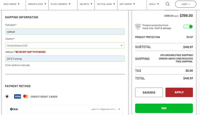 Ace Link Armor checkout page showing Ace Link Armor coupon code box | Screenshot taken by SimplyCodes community member on Jun 7, 2025