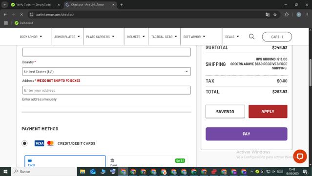 Ace Link Armor checkout page showing Ace Link Armor coupon code box | Screenshot taken by SimplyCodes community member on May 16, 2025