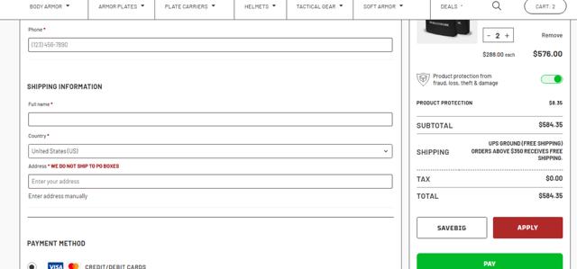 Ace Link Armor checkout page showing Ace Link Armor coupon code box | Screenshot taken by SimplyCodes community member on Jun 6, 2025