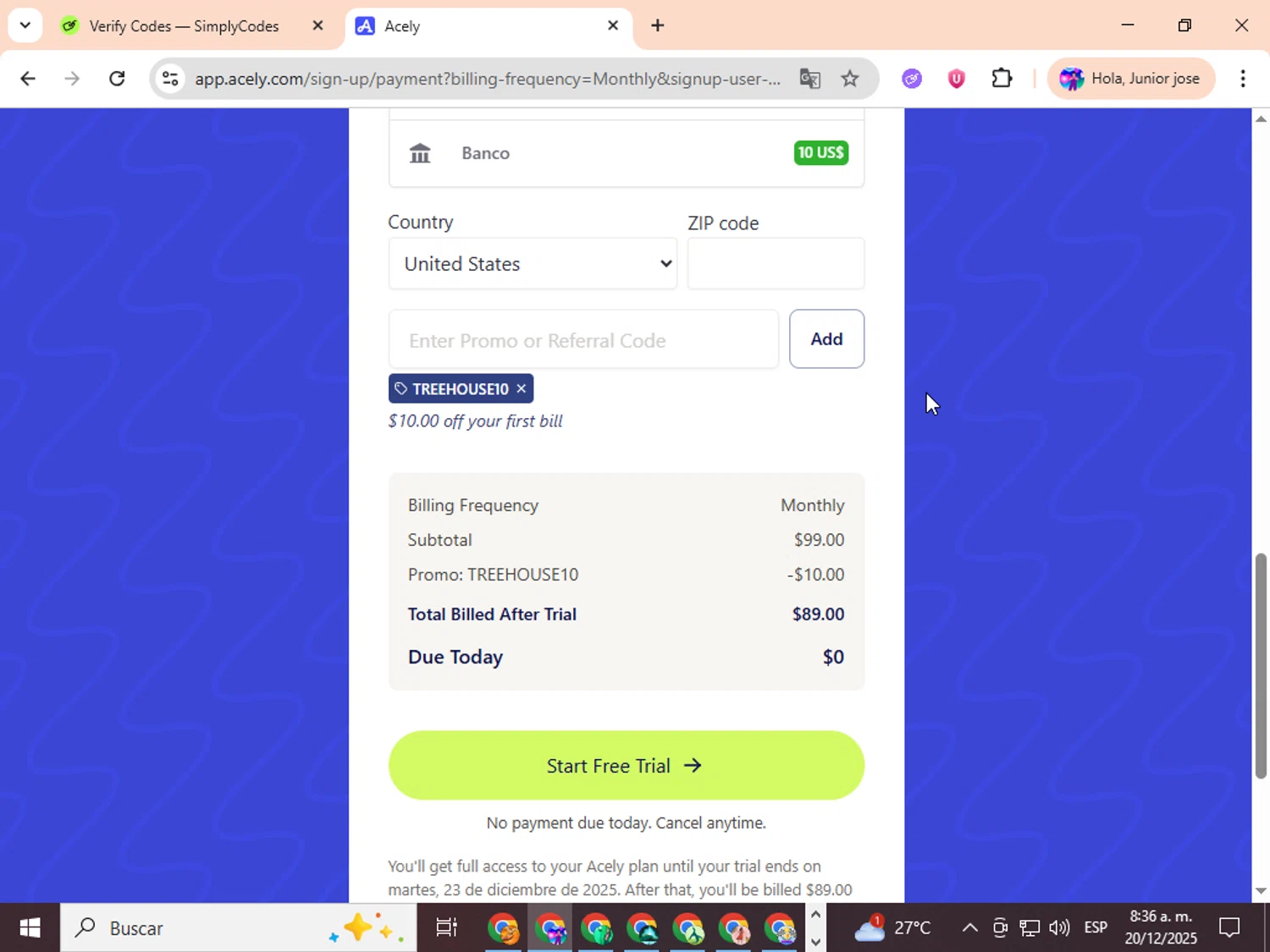 Acely.ai promo code screenshot showing code TREEHOUSE10 applied at Acely.ai checkout page. Uploaded by SimplyCodes community member ingric on Dec 20, 2025