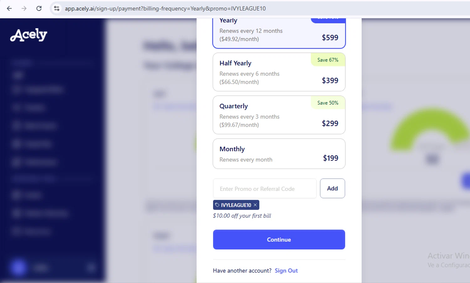 Acely.ai promo code screenshot showing code IVYLEAGUE10 applied at Acely.ai checkout page. Uploaded by SimplyCodes community member FortunateSeeker1824 on Oct 23, 2025