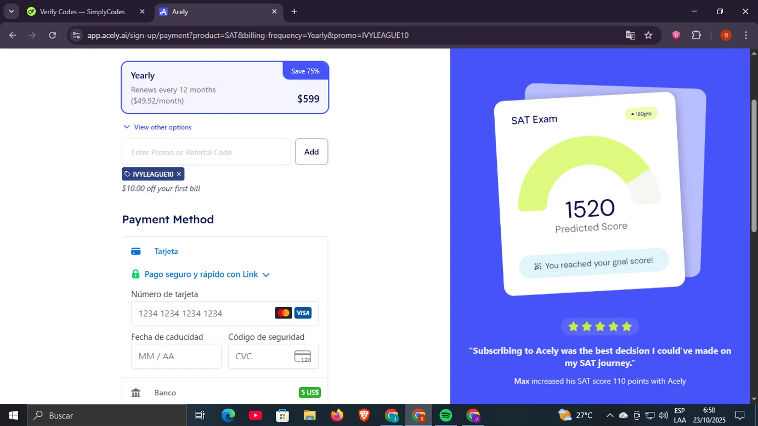 Acely.ai promo code screenshot showing code IVYLEAGUE10 applied at Acely.ai checkout page. Uploaded by SimplyCodes community member Scottcawthon on Oct 23, 2025